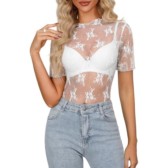 🆕Women’s White Mesh Polyamide Sheer Lace Floral Mock Neck Long Sleeve Top - Picture 1 of 6